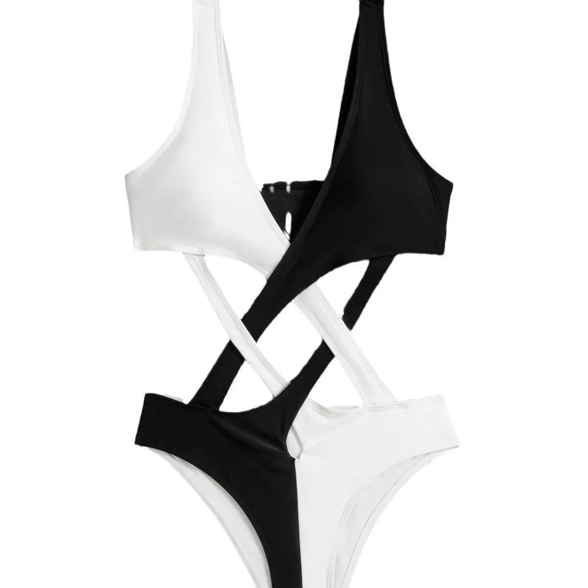 White women's one-piece swimsuit with colour block and hollow out detail.