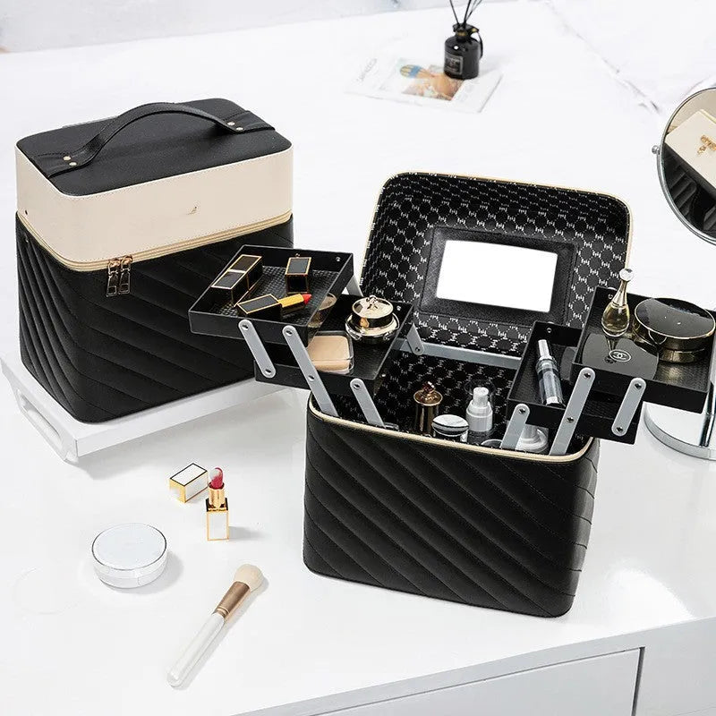Portable square vertical PU leather cosmetic case and jewellery storage box with hard handle, file bag, and zipper pocket, Black or Pink