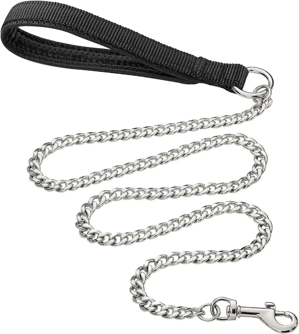 Heavy duty metal dog leash with a soft black padded handle and a chrome-plated chain.