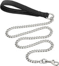 Heavy duty metal dog leash with a soft black padded handle and a chrome-plated chain.