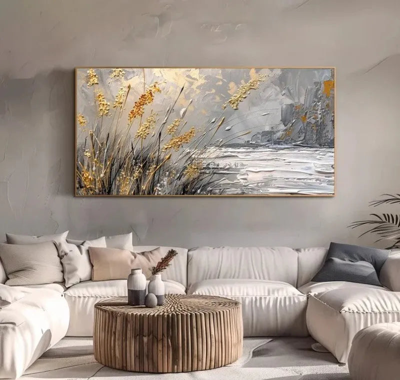 Hand-painted abstract lake reed beds oil painting on unframed horizontal canvas for wall art
