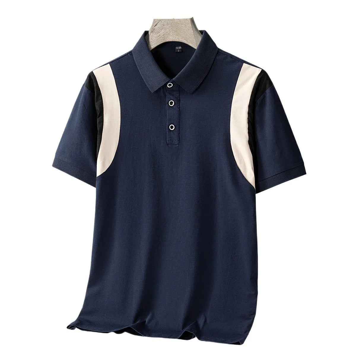 Men's grey striped cotton t-shirt with a lapel collar and loose fit on a hanger.