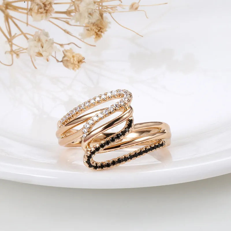 Women's micro-inlaid zircon ring in electroplated copper with WK2230 colour, showing detailed stone arrangement