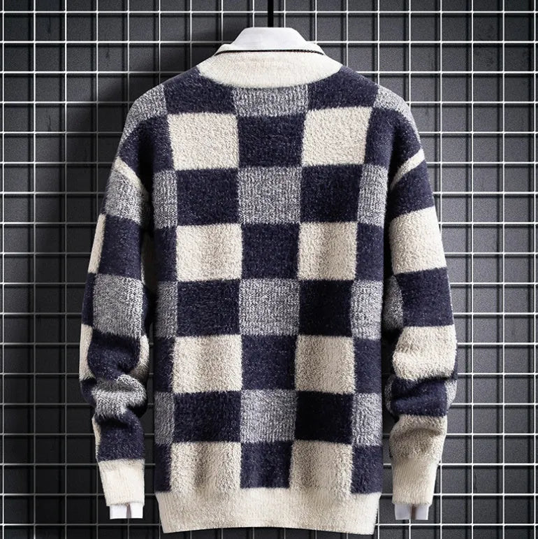 Men's round neck knit sweater in blue, beige, or black with slim fit, check pattern, and long sleeves, sizes S to 3XL