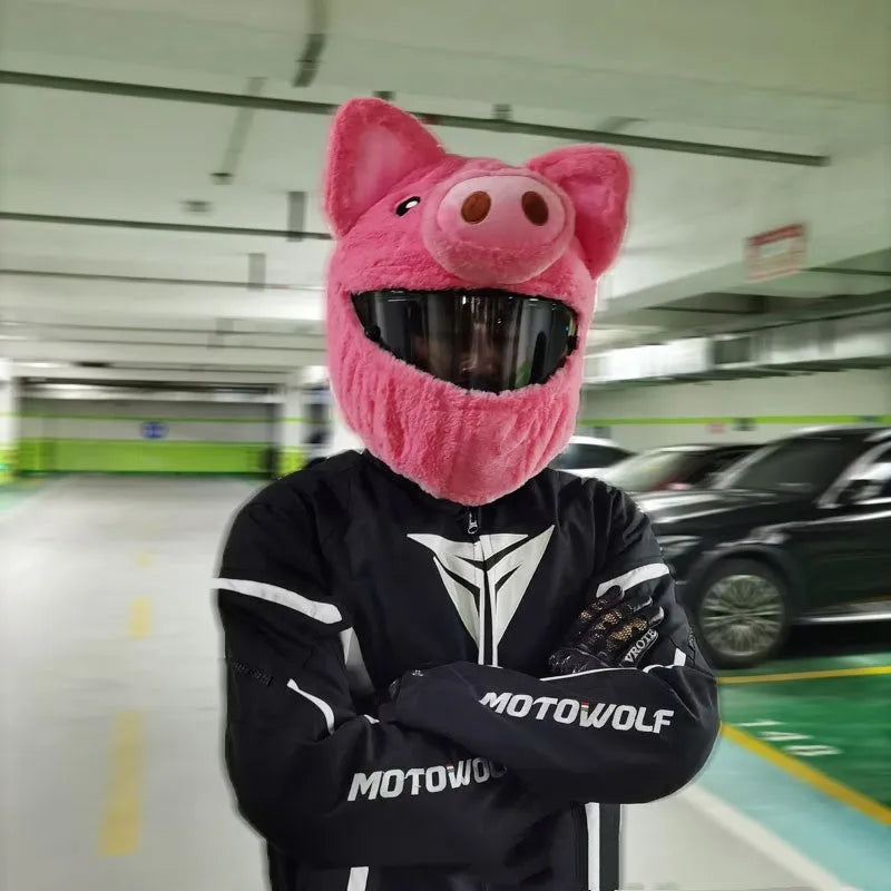 Pink pig cartoon plush protective hood cover for an average-sized motorcycle helmet.