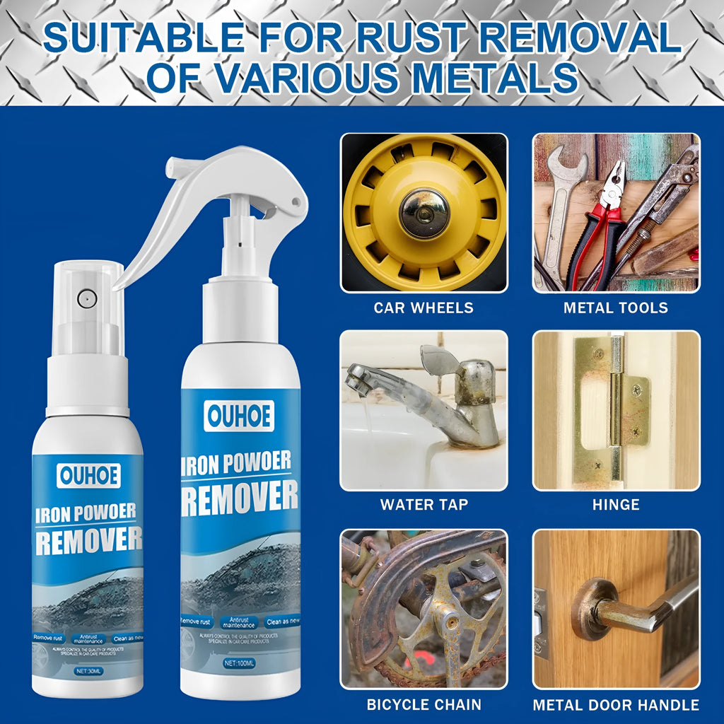 Automotive iron powder rust remover spray bottle in 30ml or 100ml size with blue sponge or towel applicator.