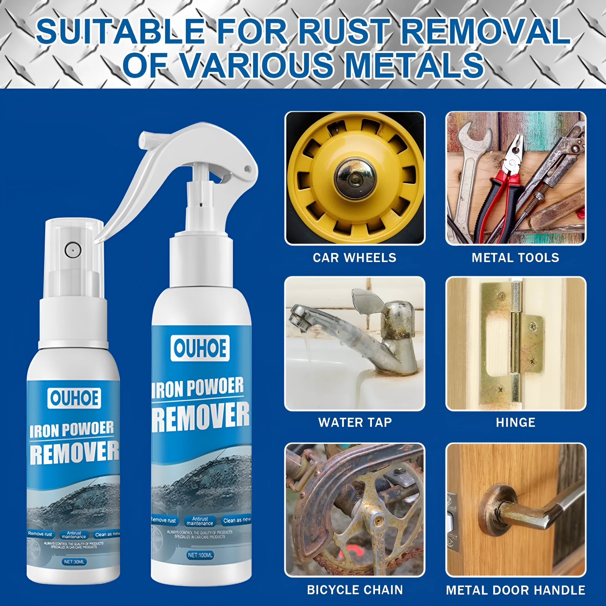 Automotive iron powder rust remover spray bottle in 30ml or 100ml size with blue sponge or towel applicator.