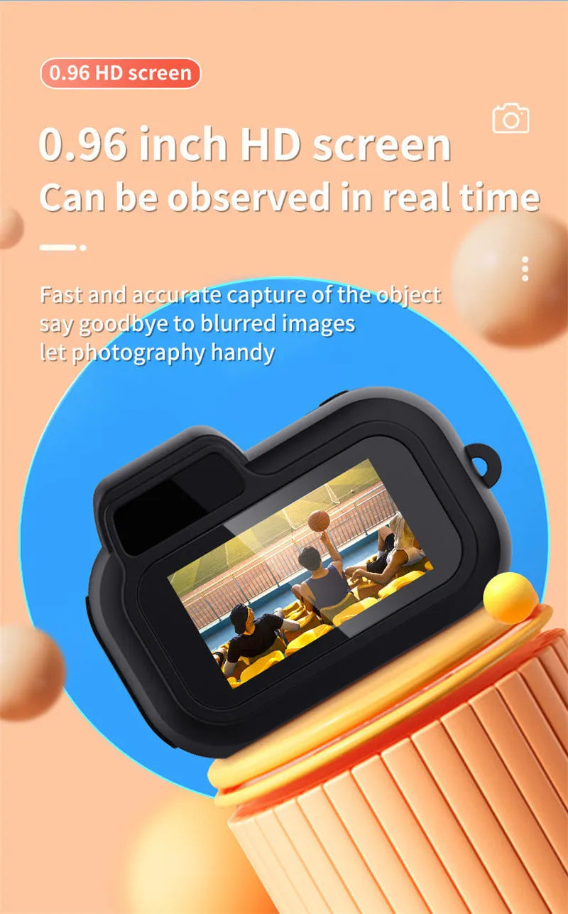 Black retro mini video camera with built-in screen showing 1080p HD recording