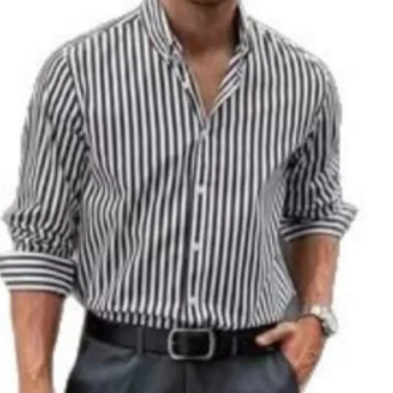 Men's striped casual button shirt with loose fit and long sleeves in polyester fabric