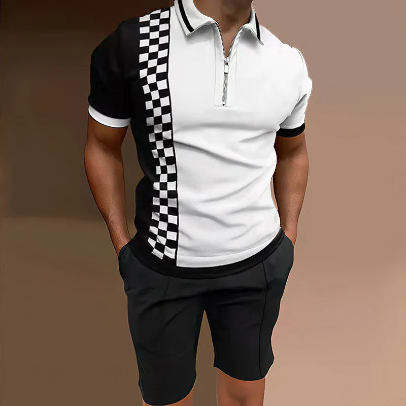 Men's casual printed short sleeve top and matching shorts two-piece set in various colours.