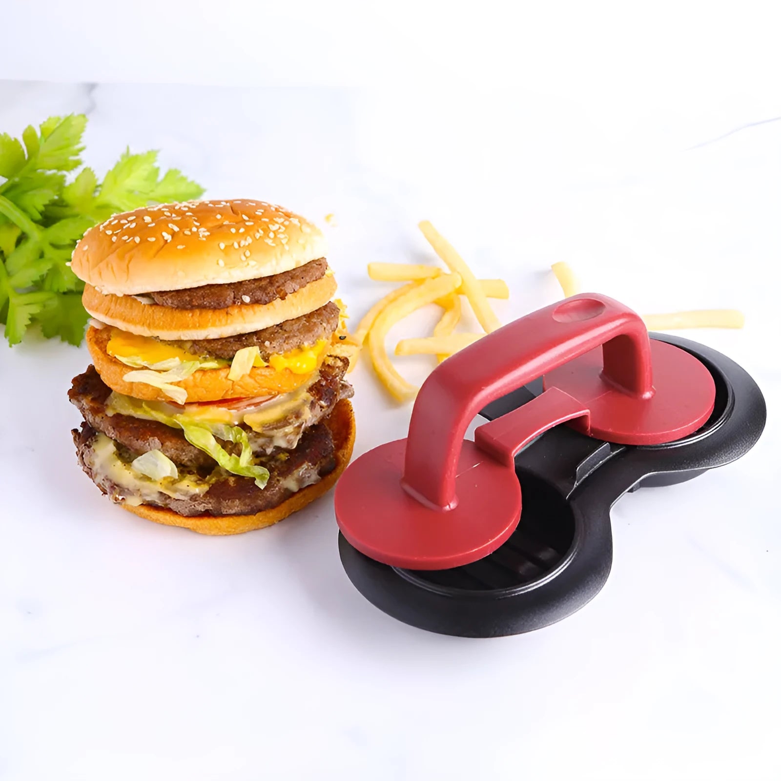 Black and red food-grade ABS plastic burger press with non-stick round moulds.