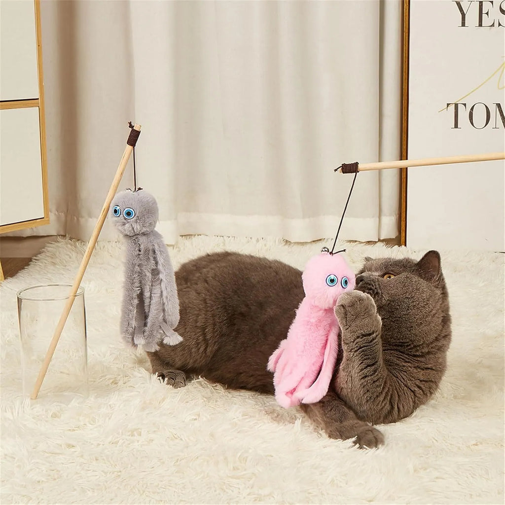 Furry octopus cat toy on 40cm wand for interactive indoor play with kittens