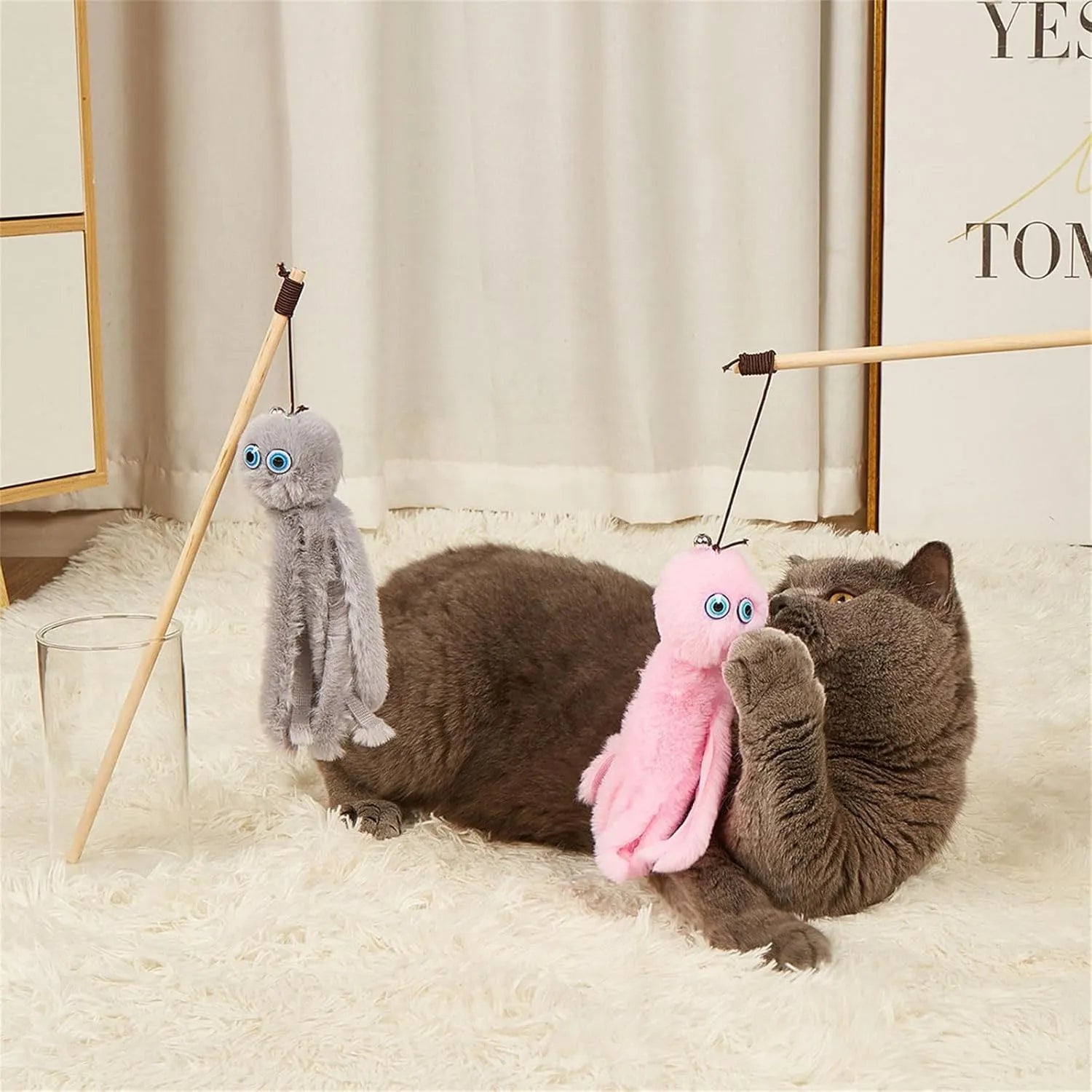 Furry octopus cat toy on 40cm wand for interactive indoor play with kittens
