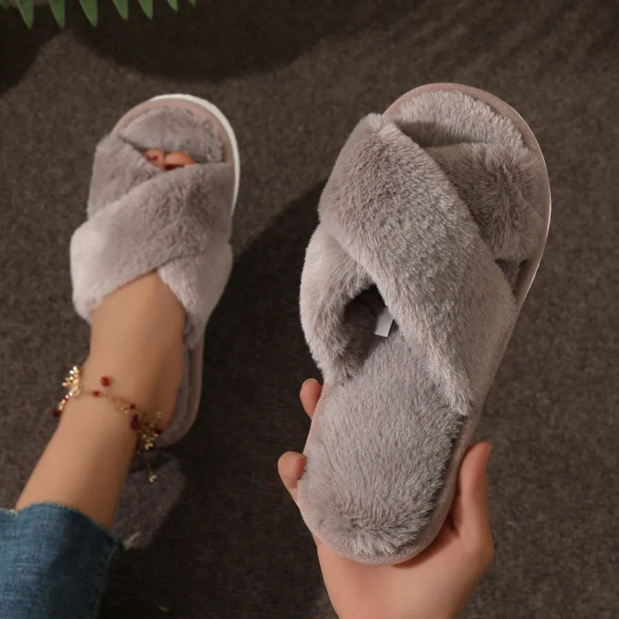 Women's cross plush slippers with open toe and EVA sole in brown colour