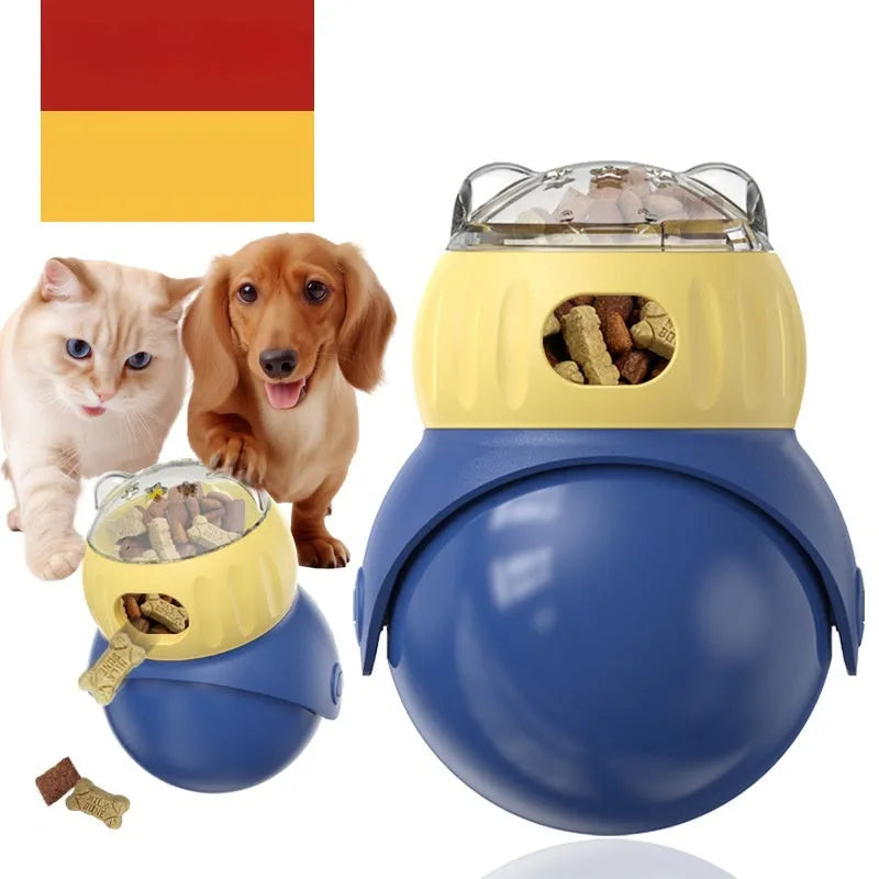 Morandi yellow and blue plastic owl-shaped cat puzzle feeder toy on a wooden floor.