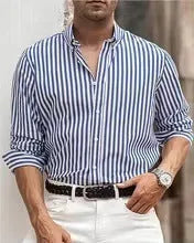 Men's striped casual button shirt with loose fit and long sleeves in polyester fabric