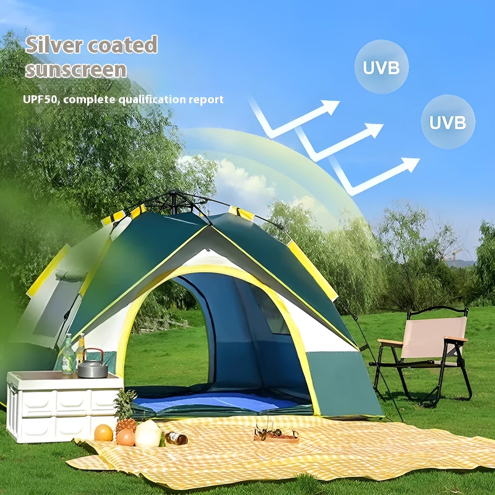 Dark green automatic quick-open dome tent for 3-4 people pitched in an outdoor setting.