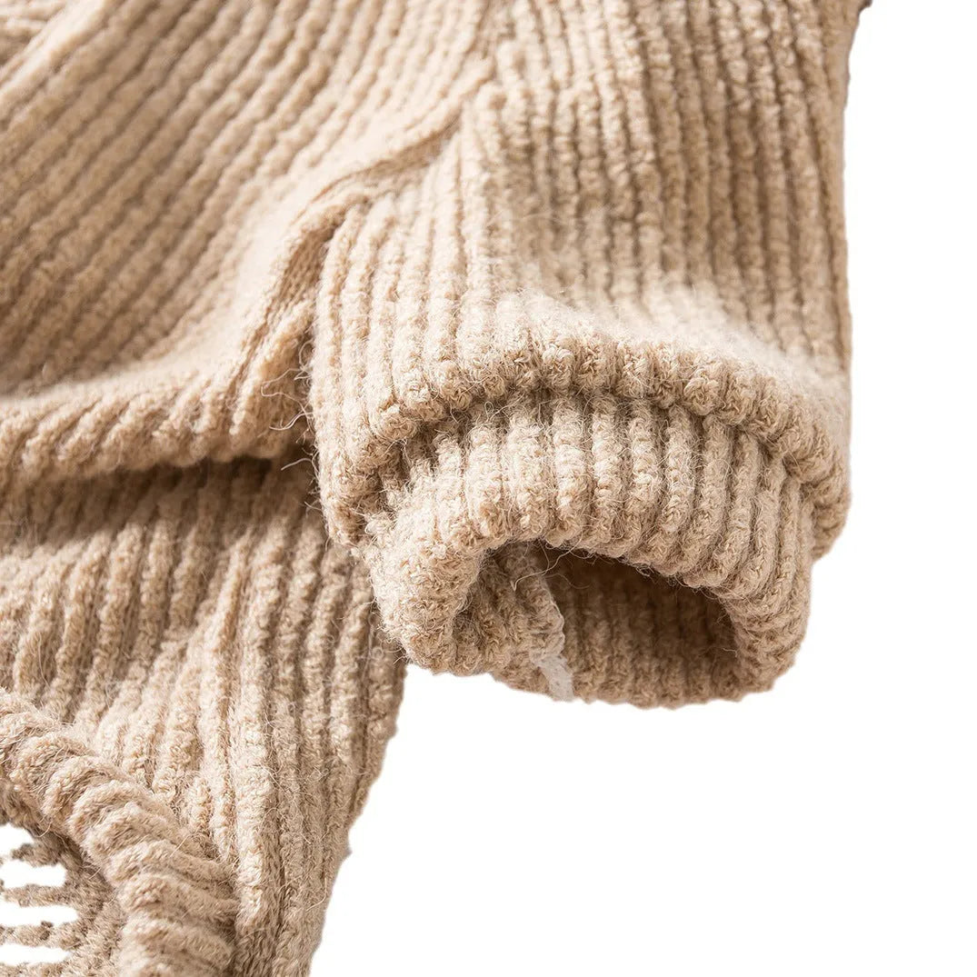 Brown cloth pullover sweater on a small dog, showing casual style and fit.