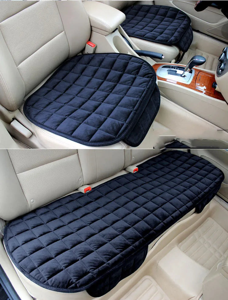 Checkered embroidered plush car seat cushion set in brown, beige, black or grey with non-slip backing