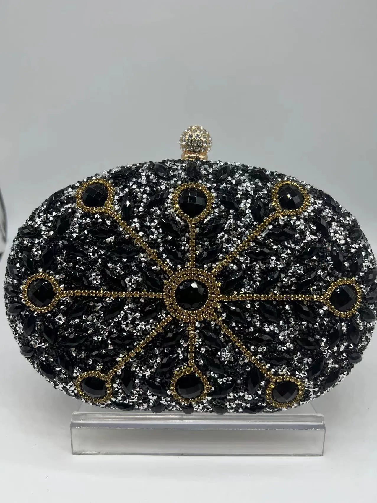 Gold hardware and rhinestone banquet handbag with structured retro design measuring 20cm wide