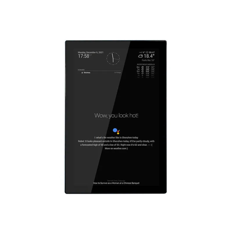 13.3-inch black touch screen display with integrated CM4 board for voice assistant applications.