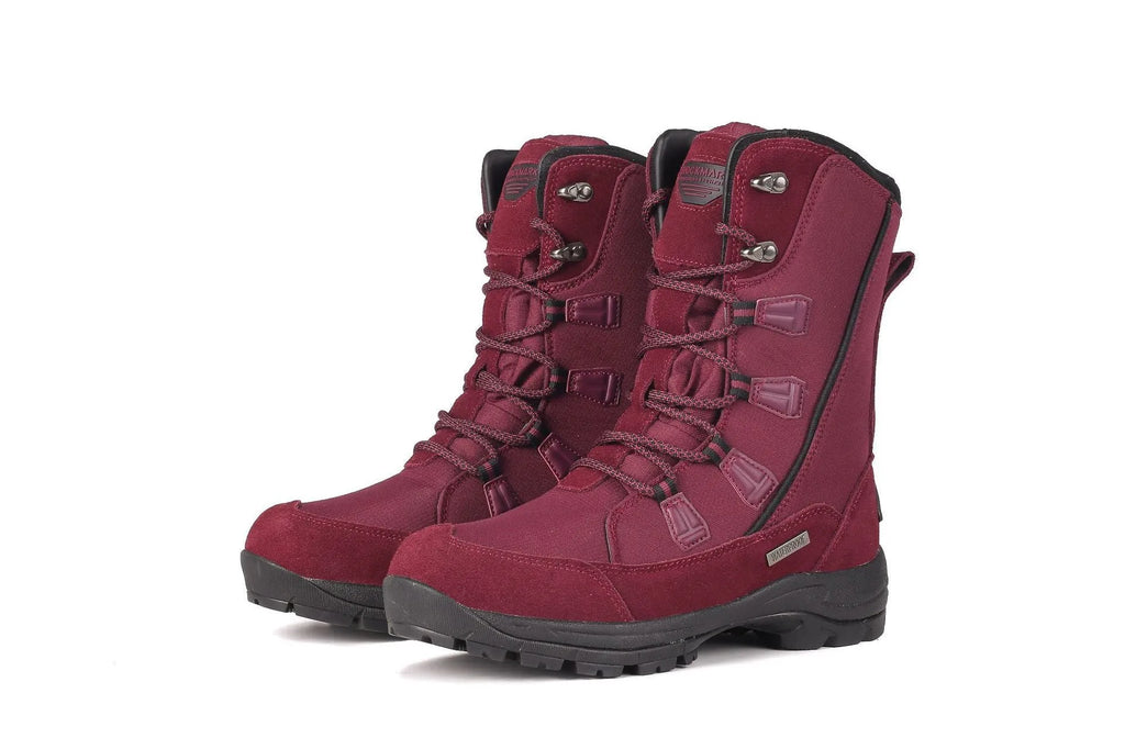 Women's black genuine leather mid-calf snow boots with a rubber sole on a white background.