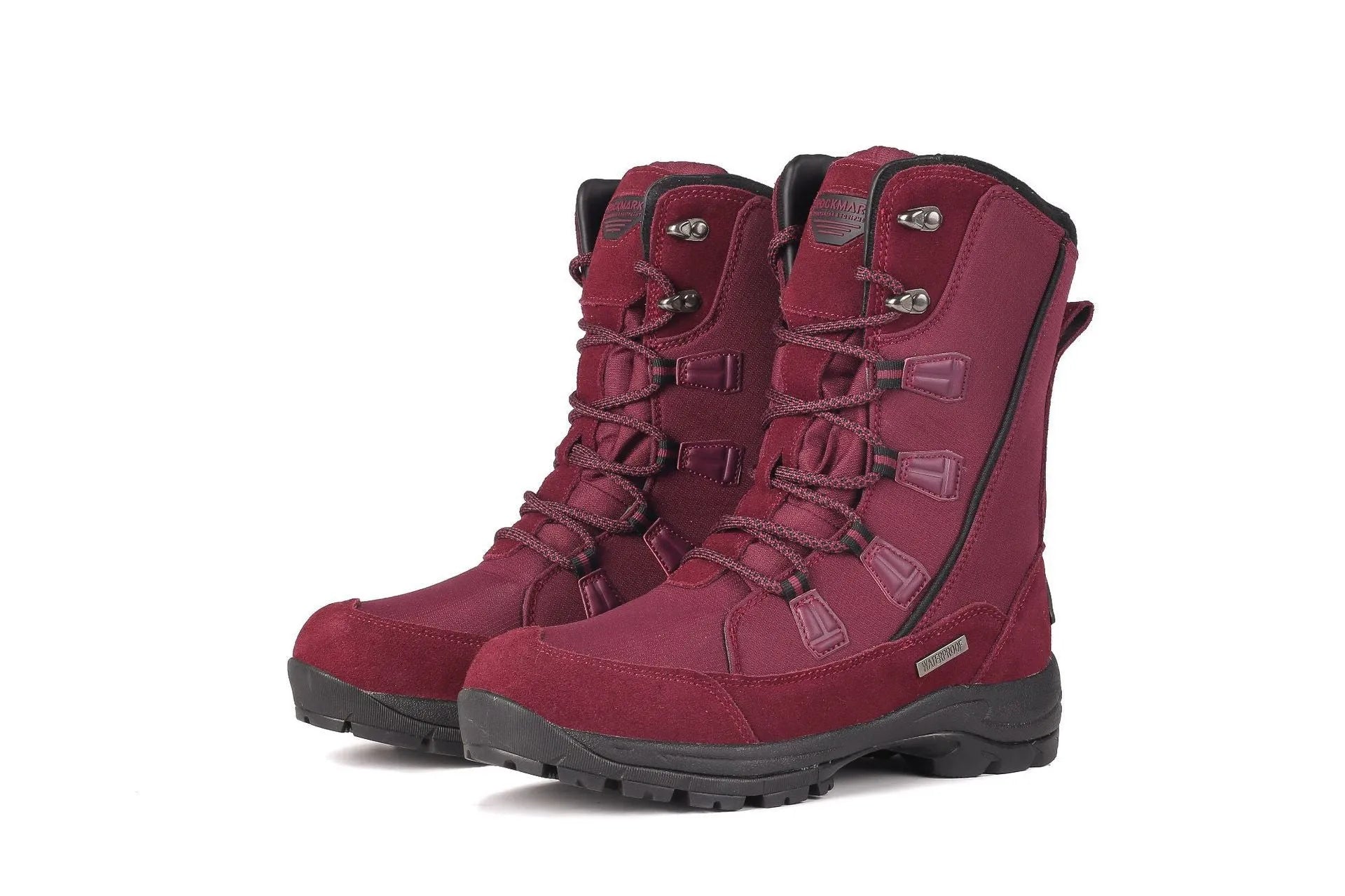 Women's black genuine leather mid-calf snow boots with a rubber sole on a white background.