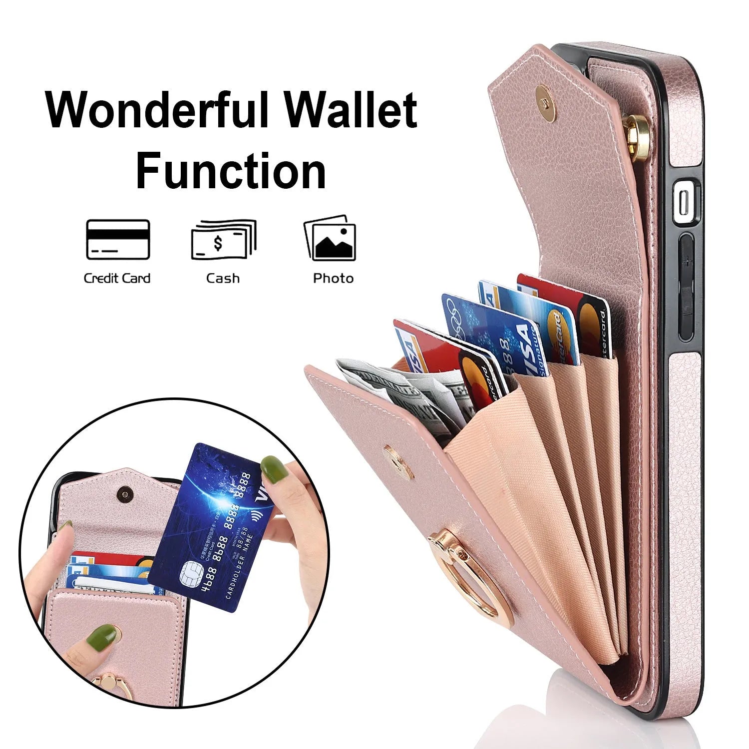 Handmade PU leather wallet phone case with card slot and kickstand in Black for Apple iPhone