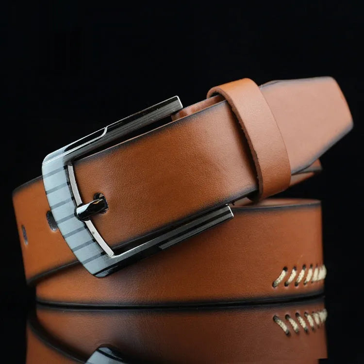 Men's threading pattern pin buckle belt in retro style with alloy fastener