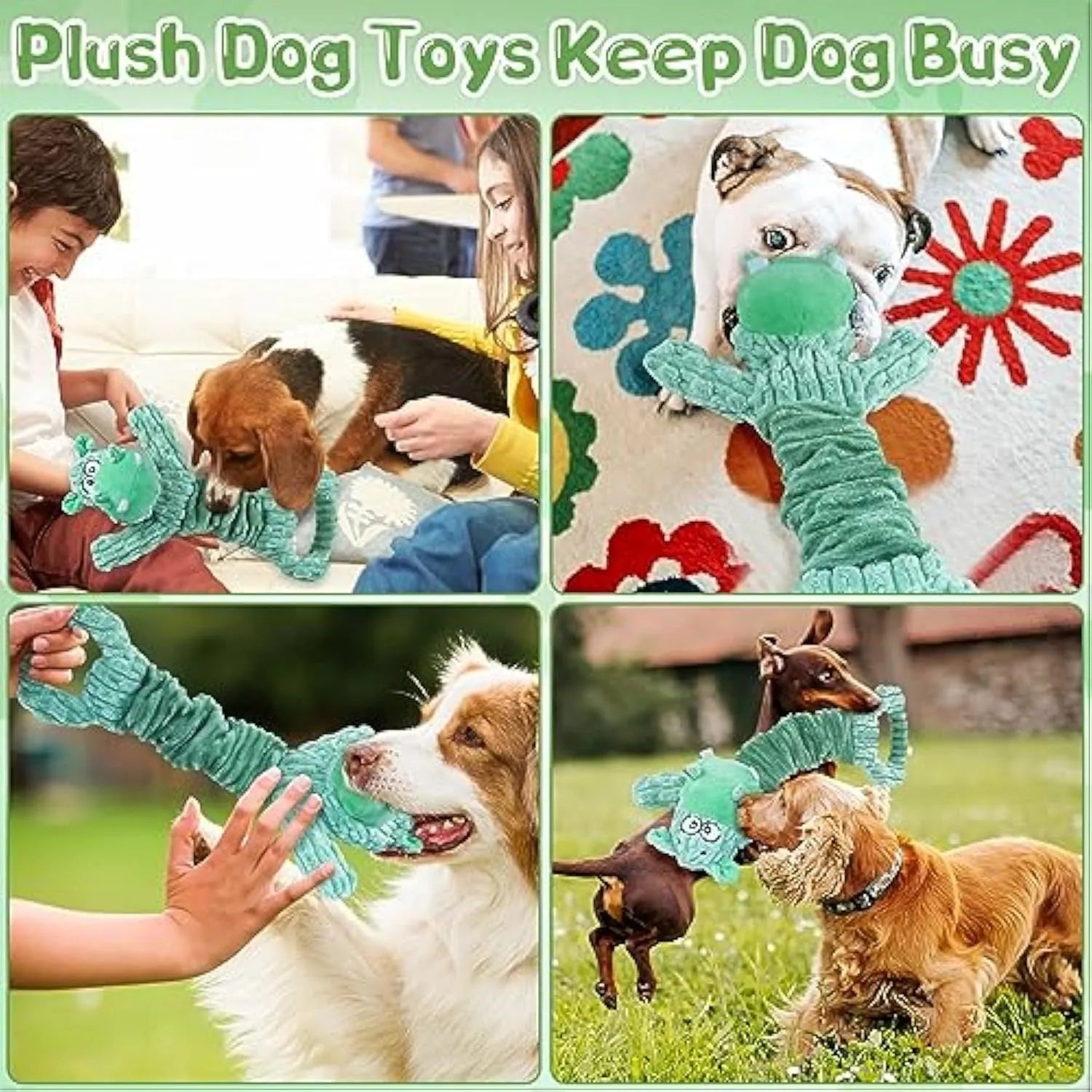 Large plush squeaky dog toy in hippo design with handle for tug-of-war.