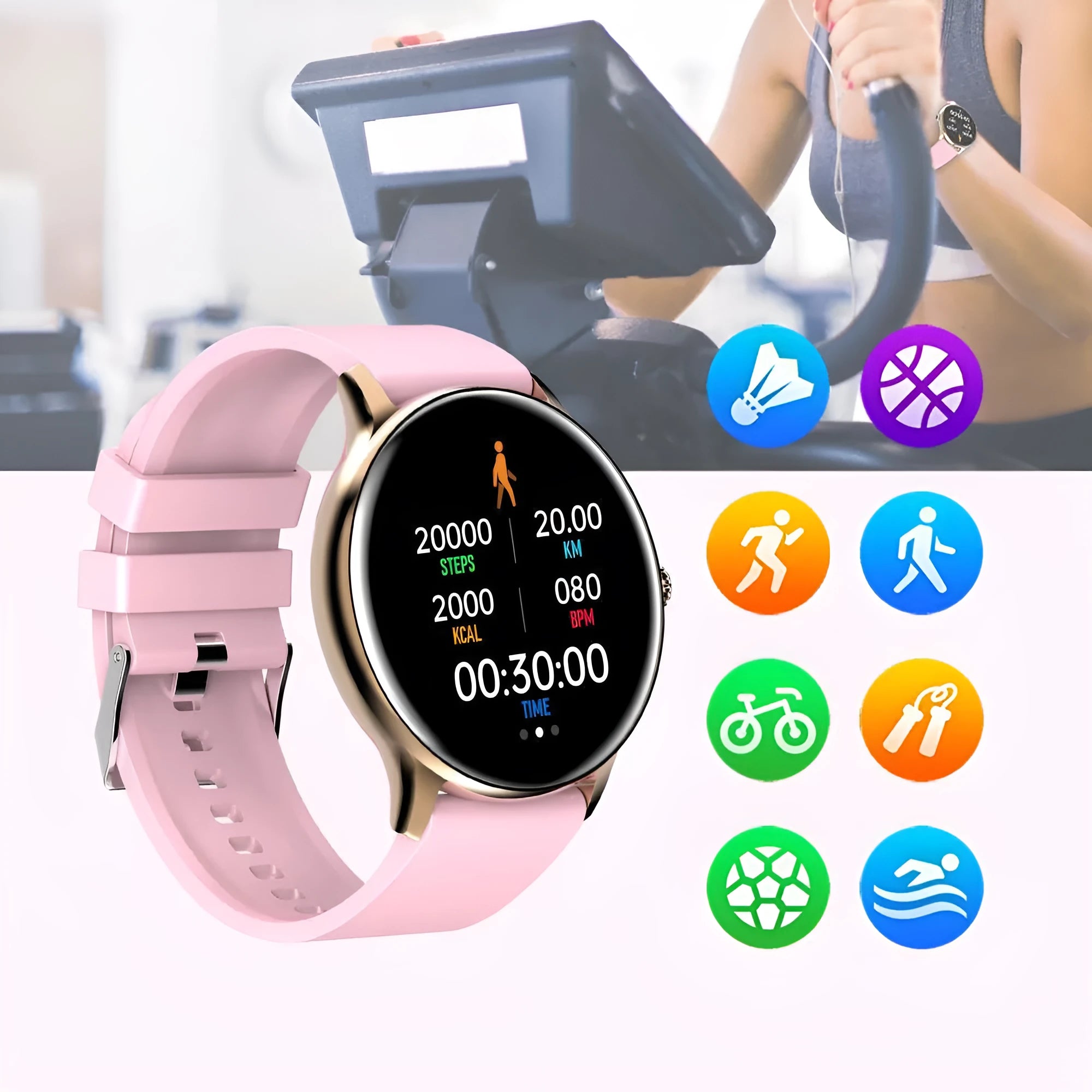 Smart Bluetooth sports watch on wrist showing health metrics on its circular 1.28-inch screen.