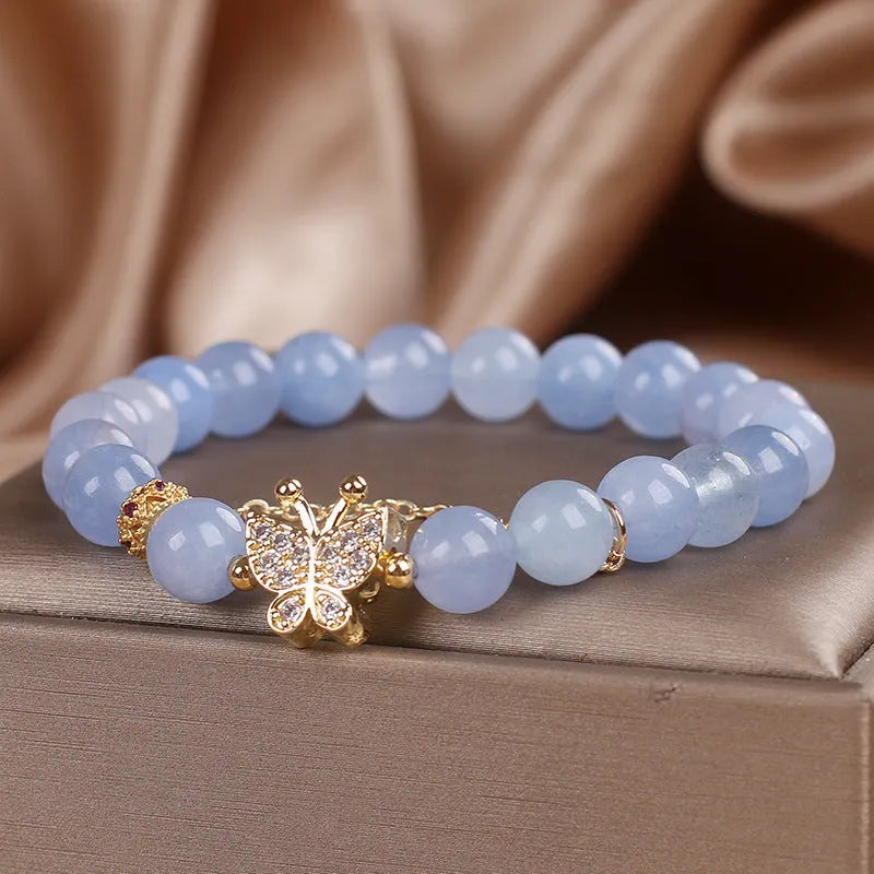 Sky blue aquamarine butterfly crystal bracelet for women with pearls, rhinestones and sequins