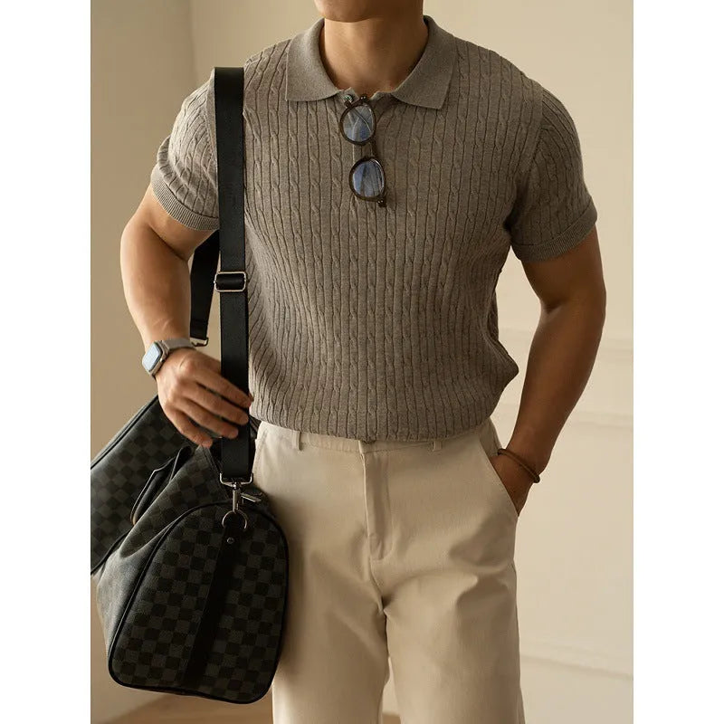 Men's khaki short sleeve business commute top made from polyester nylon acrylic wool blend