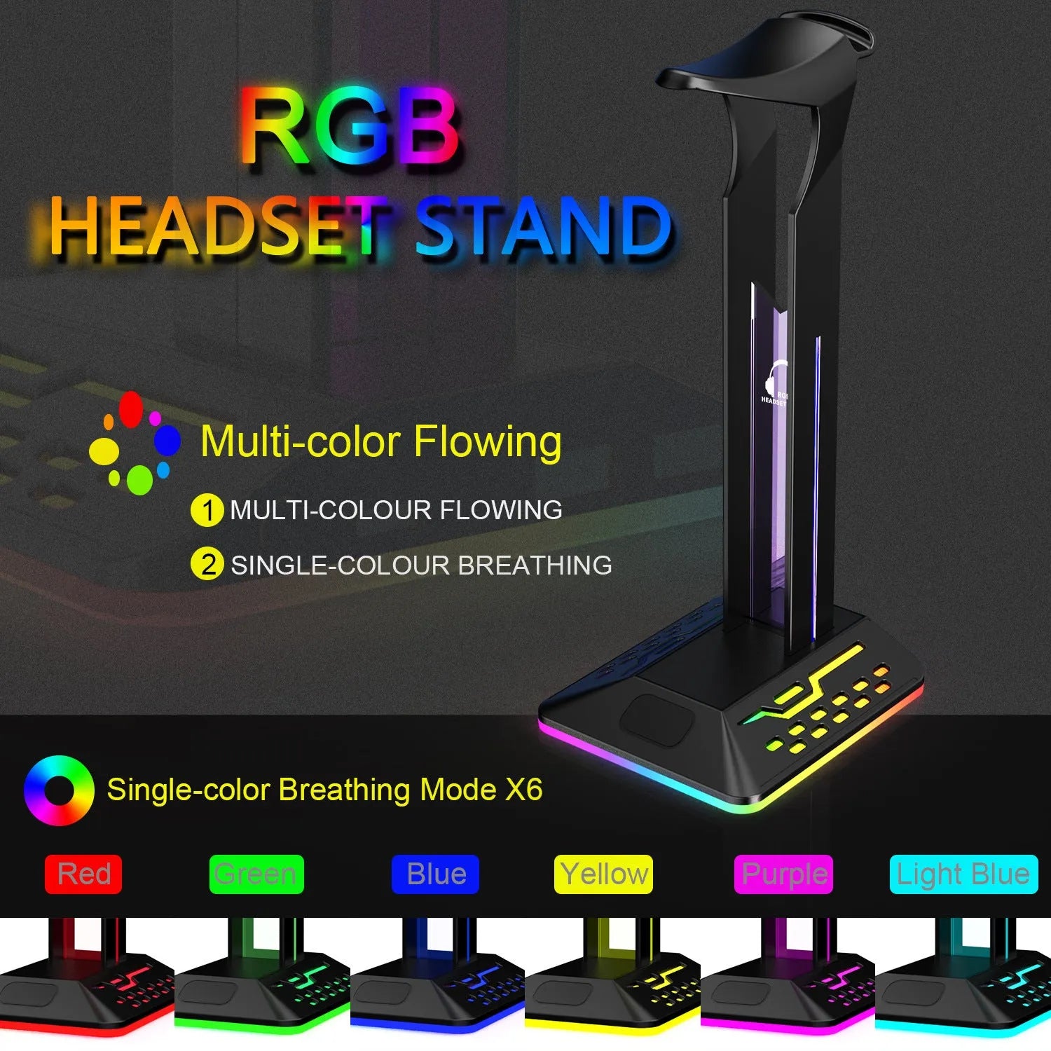 RGB colour changing headset bracket with USB ports displaying headphones