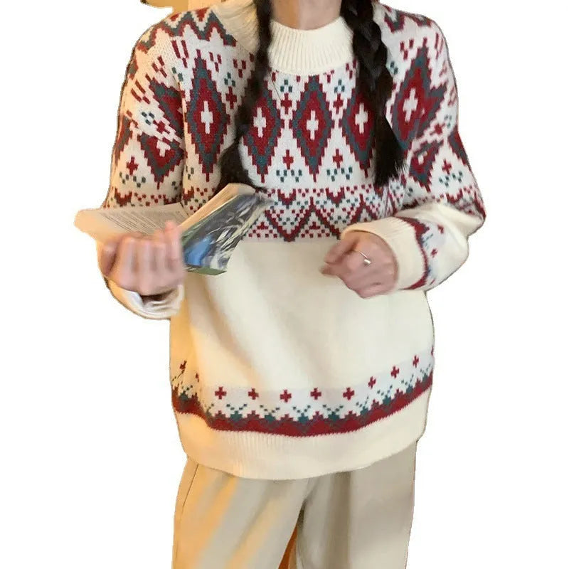 Red and white striped loose retro knitted pullover top with long sleeves