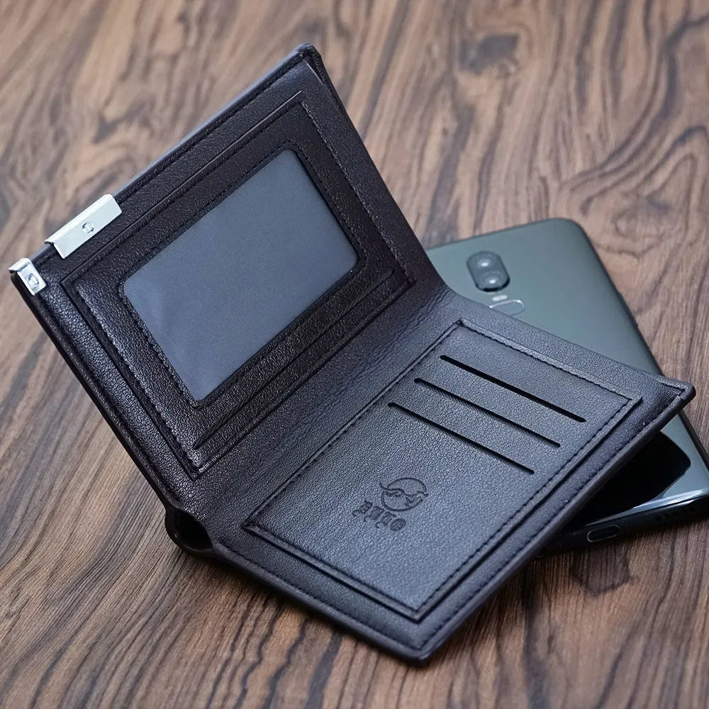 Men's genuine leather zip closure wallet showing card slots and cash compartment.