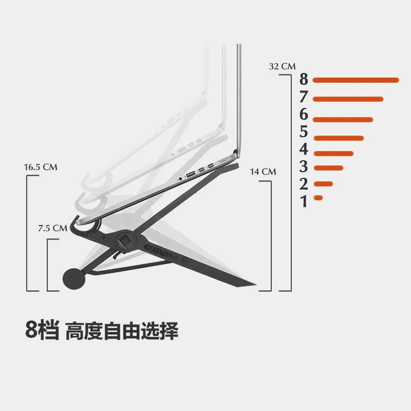 Black foldable enhanced nylon laptop stand shown open next to its portable carry bag.