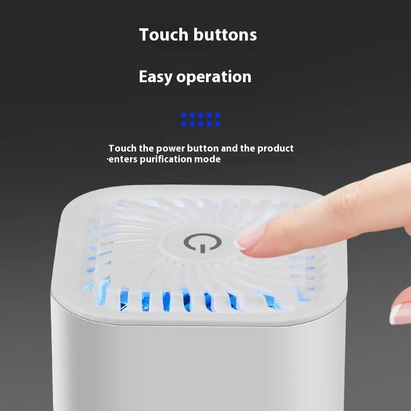 Mini car air purifier in black or white with USB cable for small space smoke and dust removal
