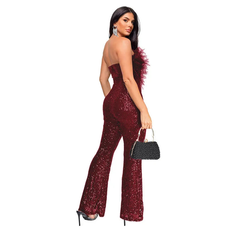 Women's sleeveless backless jumpsuit with flared legs and sequin feather detail