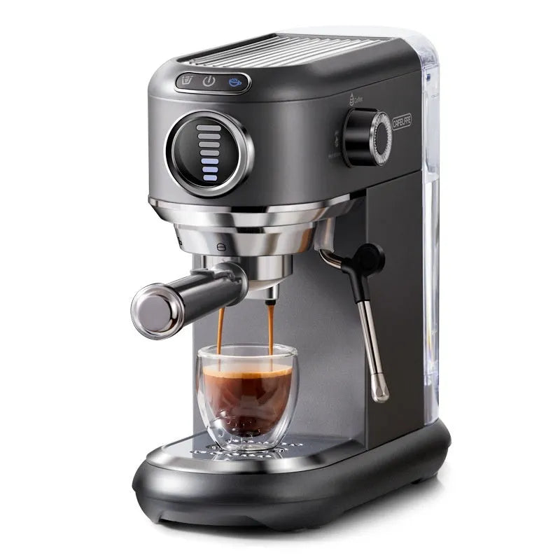 Dark gray espresso coffee machine with steam wand and control panel on countertop