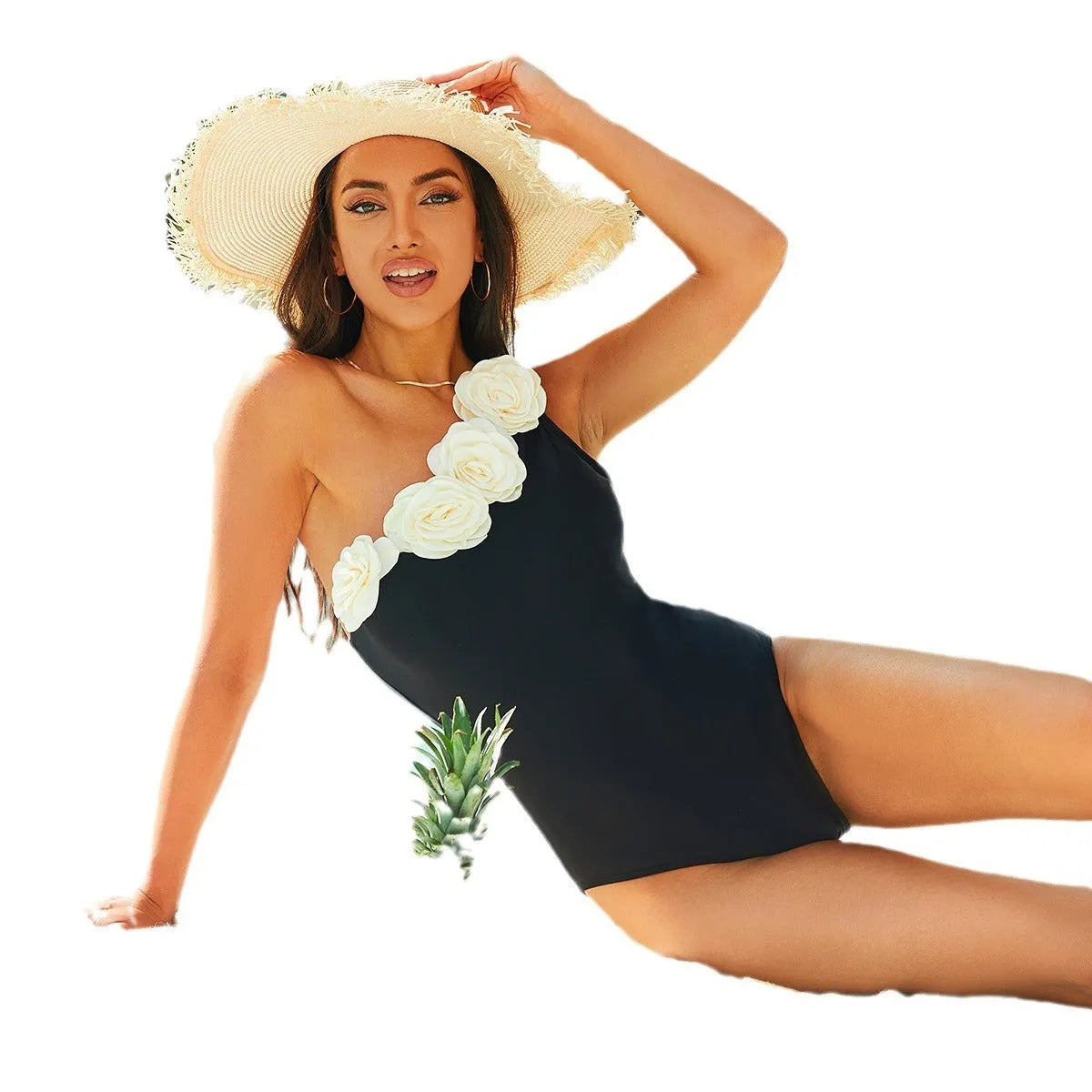 Black solid colour one-piece swimsuit for women in European/American pattern