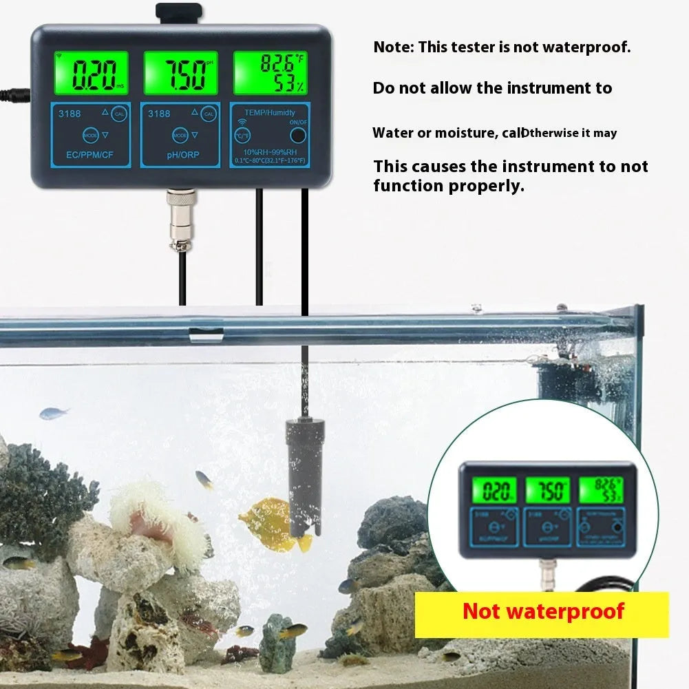 7-in-1 WiFi water quality monitor in black with Graffiti app interface showing EC TDS pH ORP temperature data