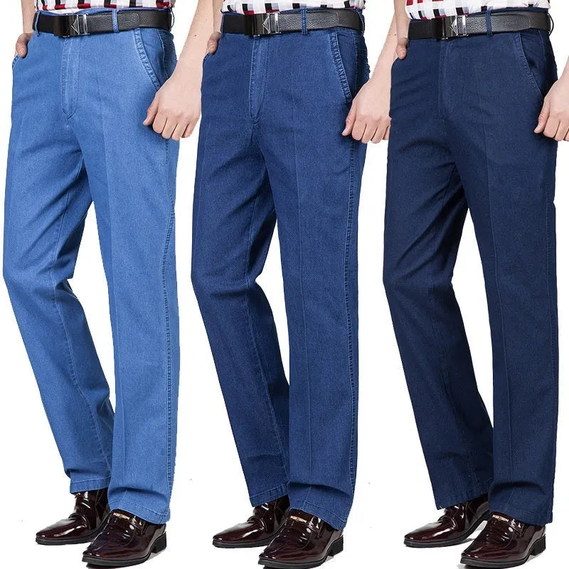 Men's high waist loose fit jeans in blue wash with zipper fly opening