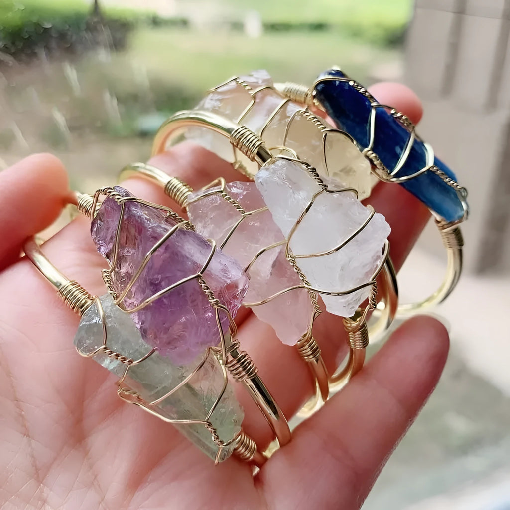 Natural crystal rough stone bracelet with geometric gold winding bohemian design