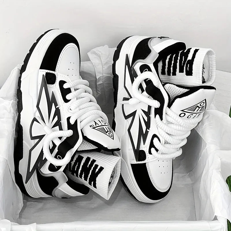 Men's white chunky sneakers with thick rubber sole and synthetic leather upper on a casual background.