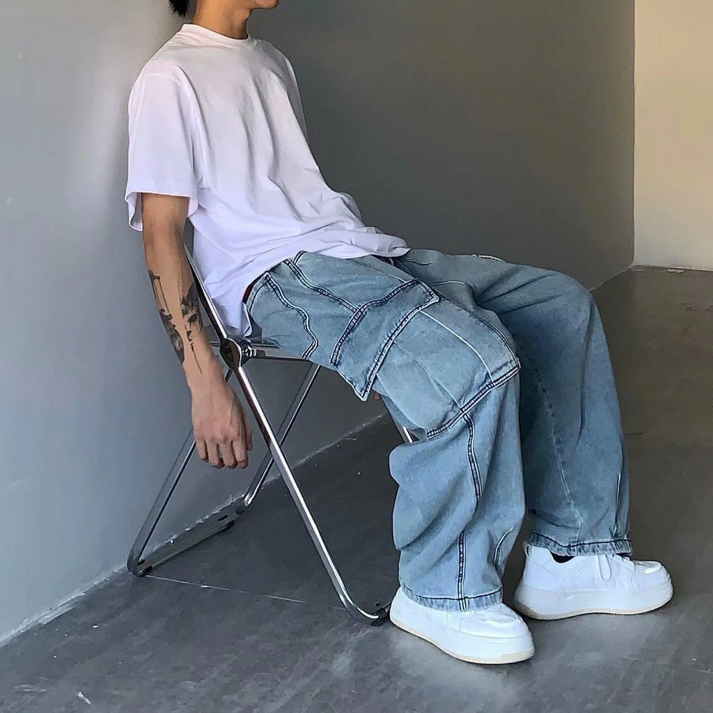 Street retro loose cargo jeans with large pockets, cropped straight-leg, in blue colour