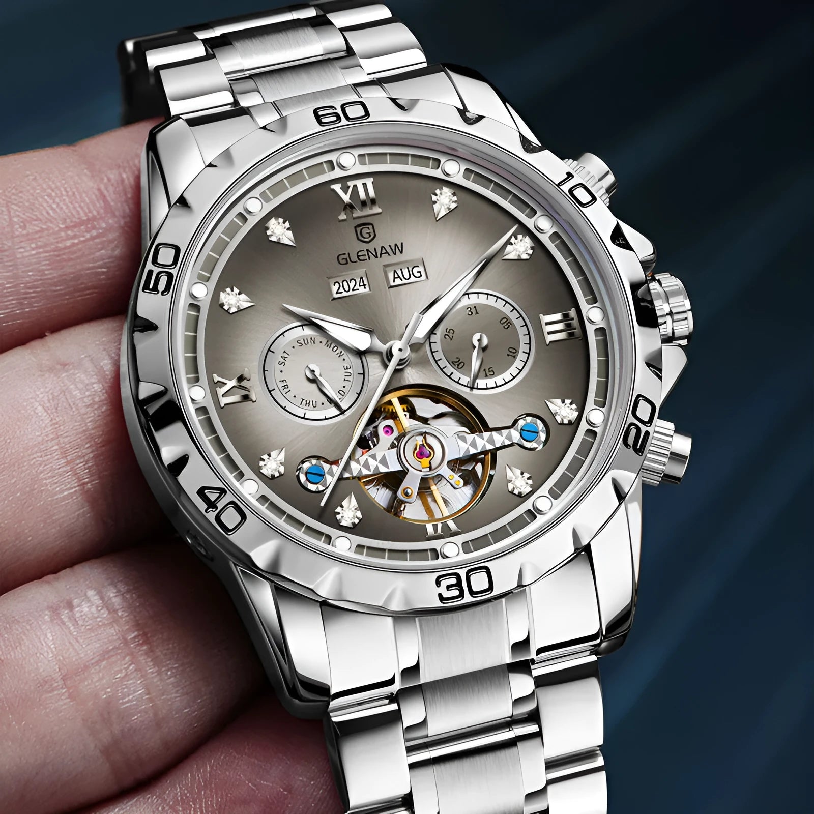 Men's automatic mechanical watch with stainless steel strap and mineral glass, showing various 8993 series colour dials.