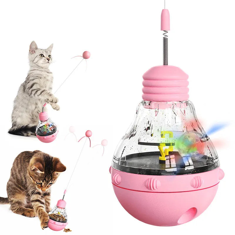 Electric yellow cat interactive toy wand with slow food dispenser, teaser stick, ball, and ribbon.
