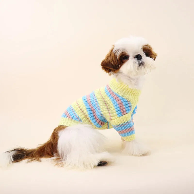 Blue and yellow stripe wool-blend dog sweater for small breeds like Bichon or Maltese.