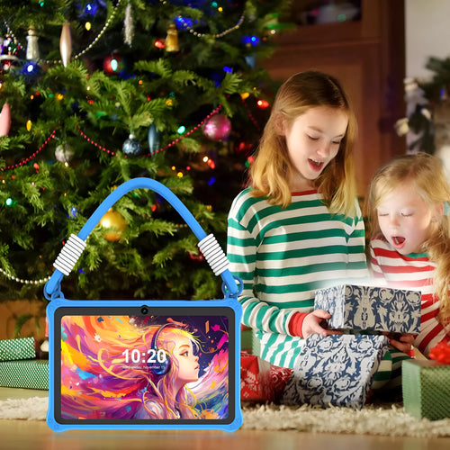 Blue silicone protective case with strap for 7-inch children's tablet showing screen protector